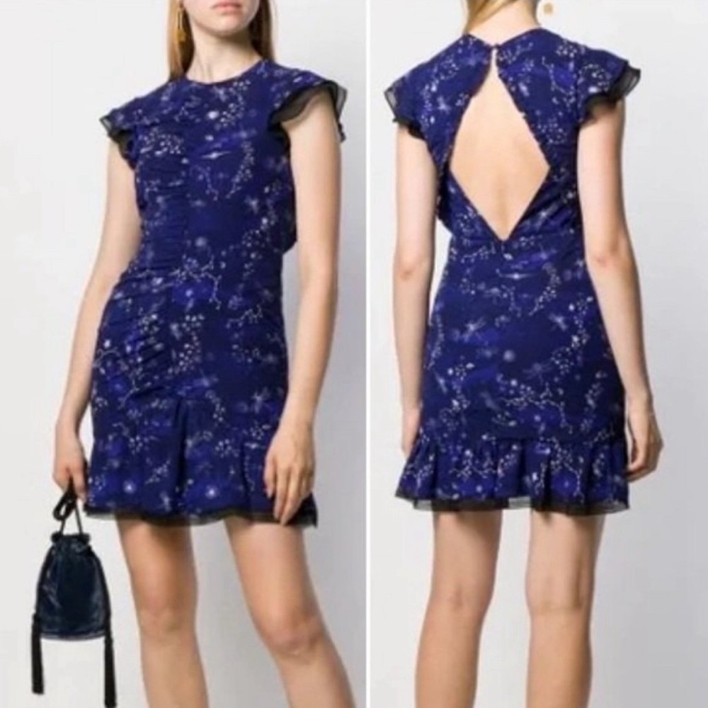 Three Floor Navy Blue Afterglow Cosmic Star Printed Mini Dress - Picture 11 of 15